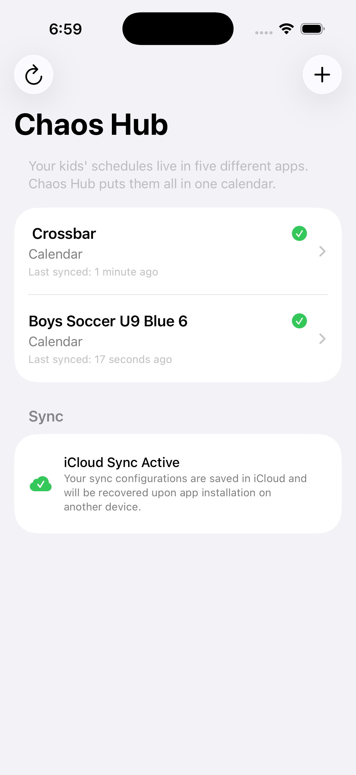 Chaos Hub app showing synced calendars